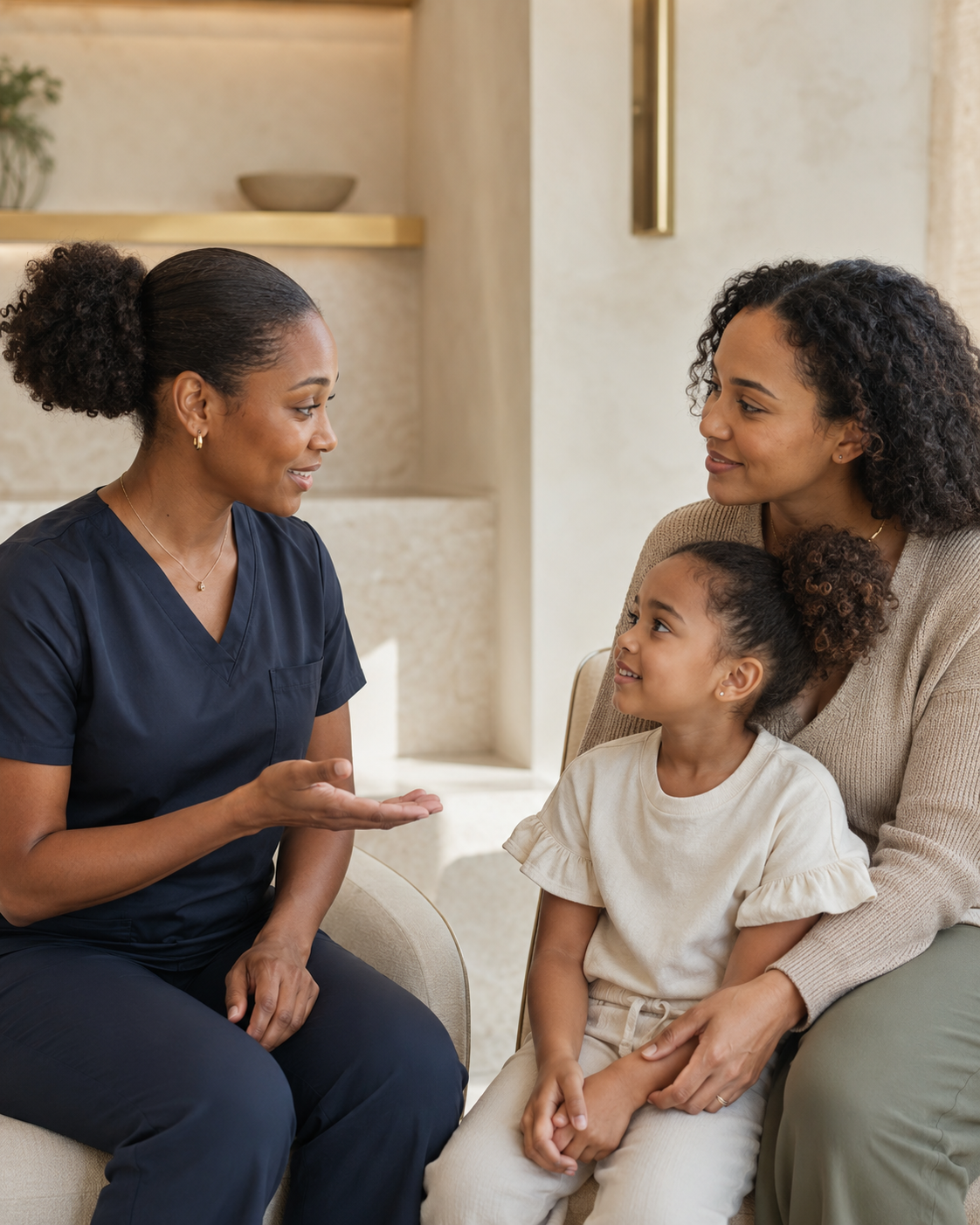 A GentleDraw clinician speaking with a parent and child before care